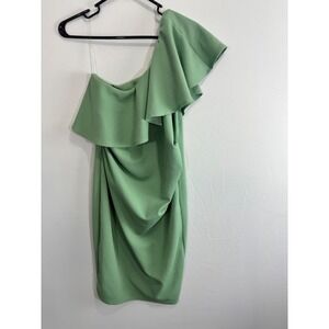 Hello Miz One Shoulder Ruffle Dress Sage Green Textured Medium